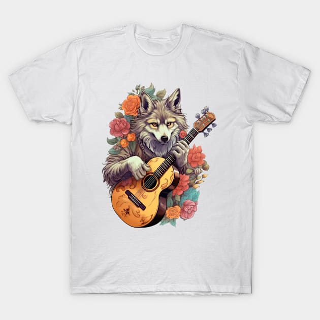 Grey Wolf Playing Guitar Floral T-Shirt by Schalag Dunay Artist